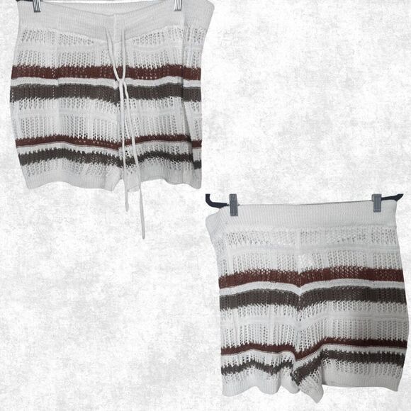 Plus Size 3X Knit Lounge Shorts – Cream Rust Brown Striped Drawstring Boho Beach - Picture 4 of 4